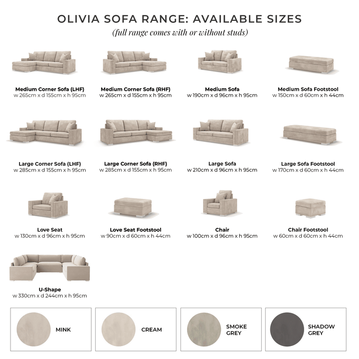 In Stock - Olivia Cream Premium Large Corner Sofa - Right Hand Facing (Without Studs) 