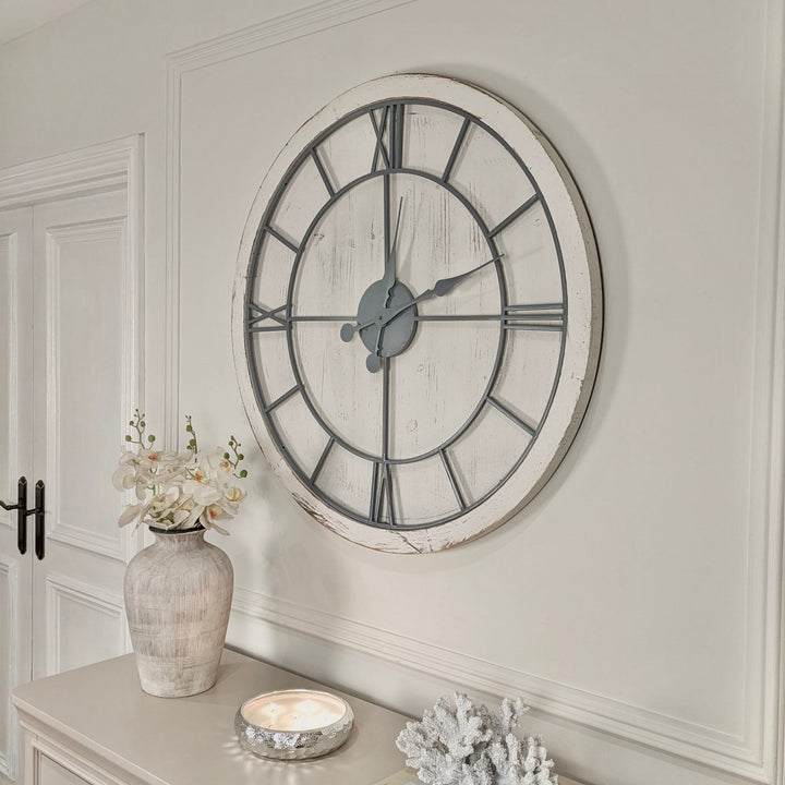 In Stock - Porter Distressed White Wash Round Wall Clock Accessories 