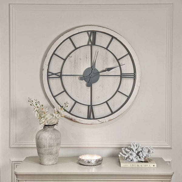 In Stock - Porter Distressed White Wash Round Wall Clock Accessories 