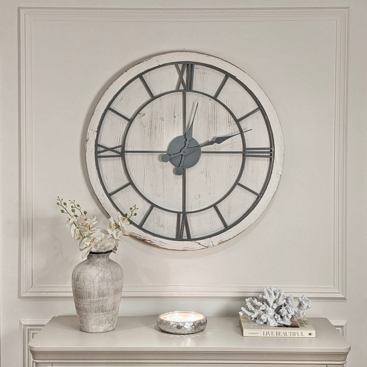 In Stock - Porter Distressed White Wash Round Wall Clock Accessories 