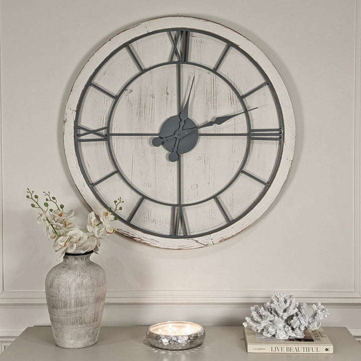 In Stock - Porter Distressed White Wash Round Wall Clock Accessories 