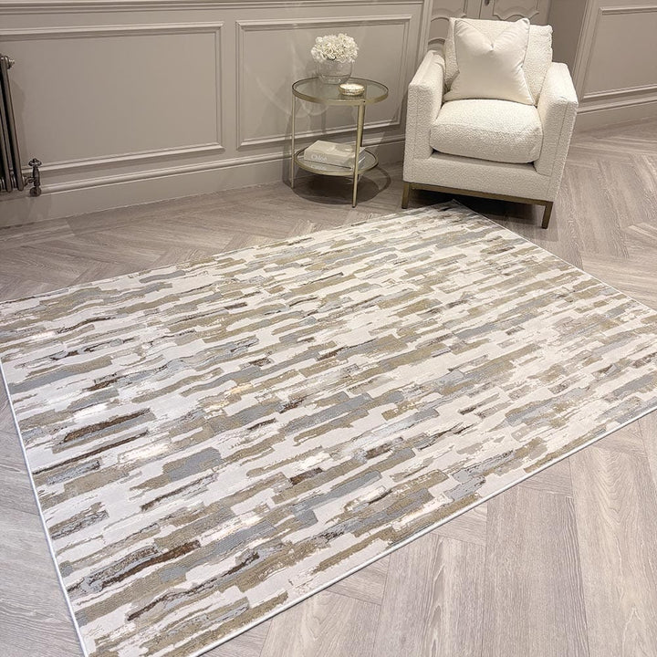 In Stock - Rialta Cream & Gold Metallic Abstract Rug -160x230cm 