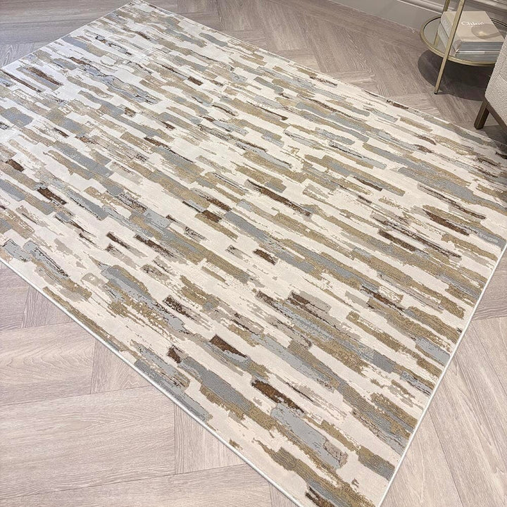 In Stock - Rialta Cream & Gold Metallic Abstract Rug - 200x290cm 