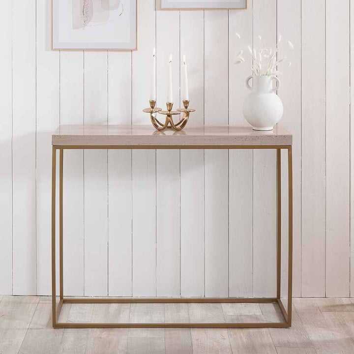 In Stock - Robyn Beige Granite & Gold Square Console Table Furniture 
