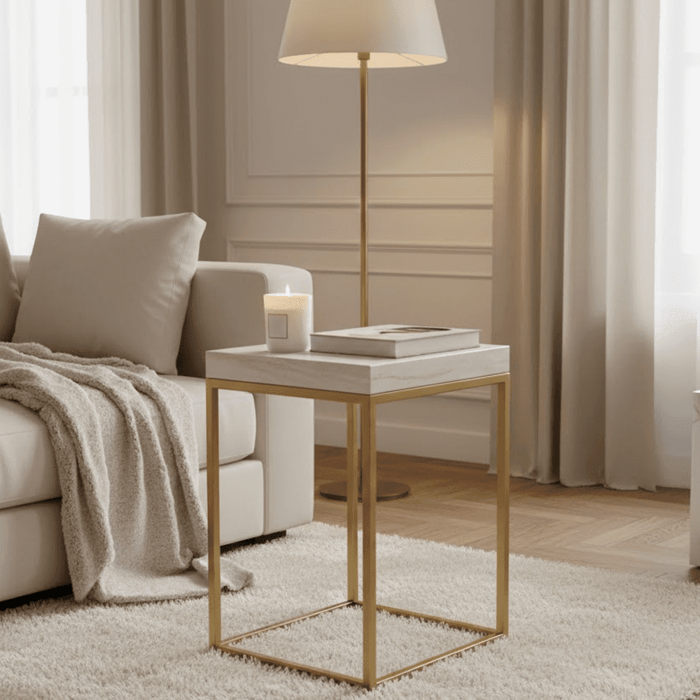 In Stock - Robyn Beige Granite & Gold Square Side Table Furniture 