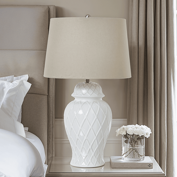 In Stock - Stratford Ceramic Ginger Jar Lamp with Neutral Linen Shade 