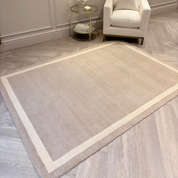 In Stock - Tamsin Taupe Wool Rug with Cream Border -160x230cm 