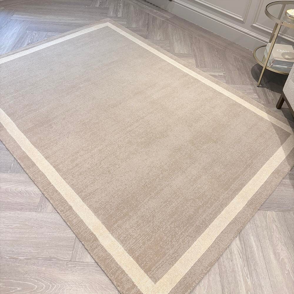 In Stock - Tamsin Taupe Wool Rug with Cream Border -160x230cm Textiles 