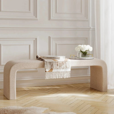 In Stock - Valiona Cream Boucle Curved Bench Furniture 
