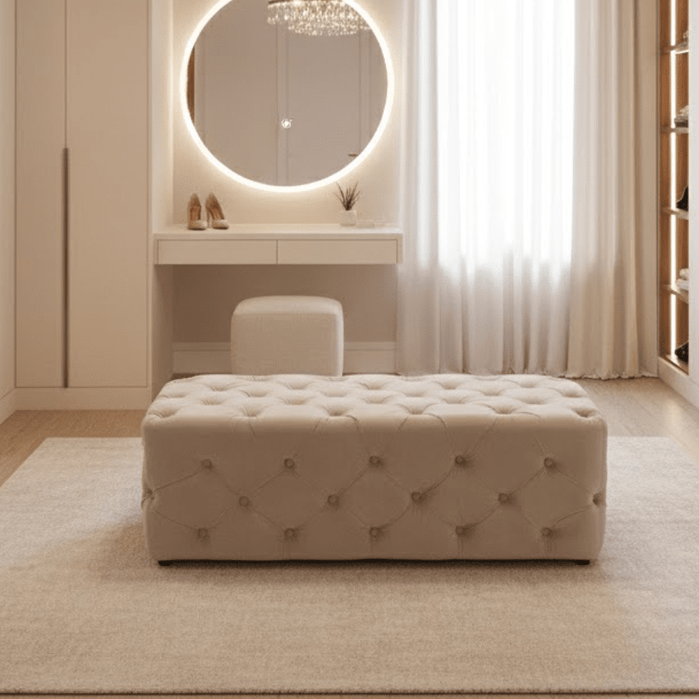 Ismerie Greige Velvet Buttoned Bench Sofa 