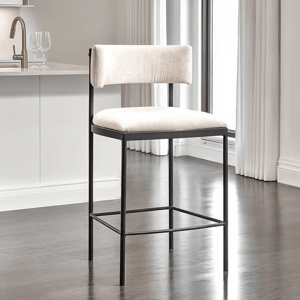 Isolde Greige Upholstered Bar Stool With Black Legs Furniture 