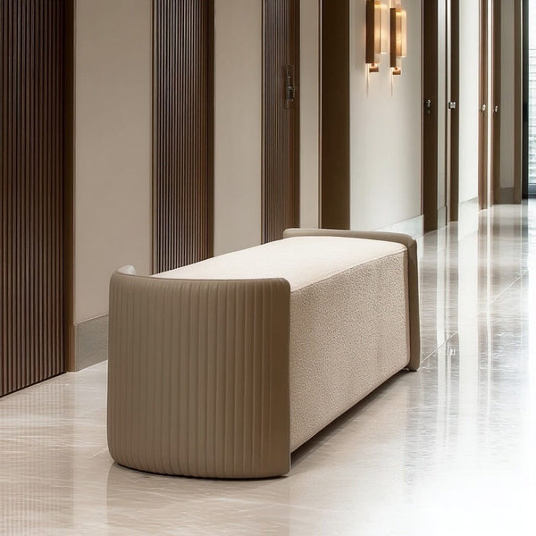 Ivenne Beige Textured Chenille Bench with Leather Accents Furniture 