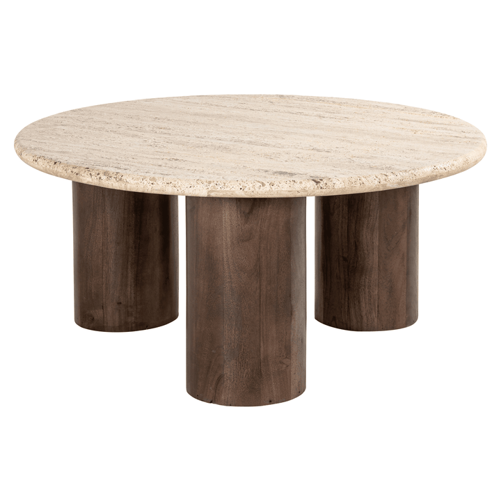 Jadine Deep Brown Round Coffee Table with Travertine Marble Top Furniture 