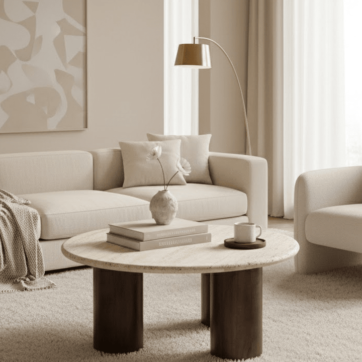 Jadine Deep Brown Round Coffee Table with Travertine Marble Top Furniture 