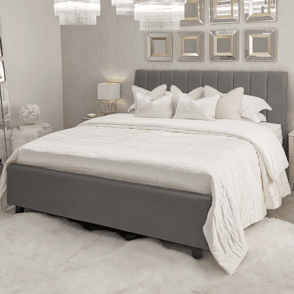 Jessabelle Luxury Grey Velvet Panelled Bed Beds and Headboards 