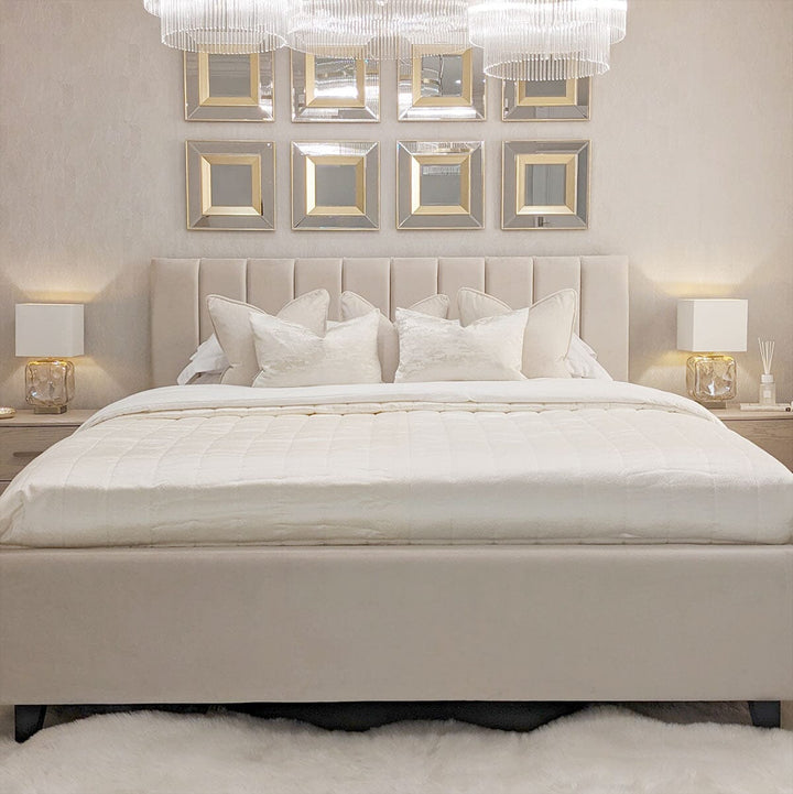 Jessabelle Luxury Vanilla Velvet Panelled Bed Beds and Headboards 