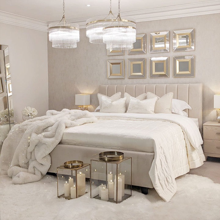 Jessabelle Luxury Vanilla Velvet Panelled Bed Beds and Headboards 