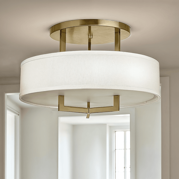 Jessie Brushed Brass 3 Light Semi-Flush Ceiling Light with Linen Shade Lighting 