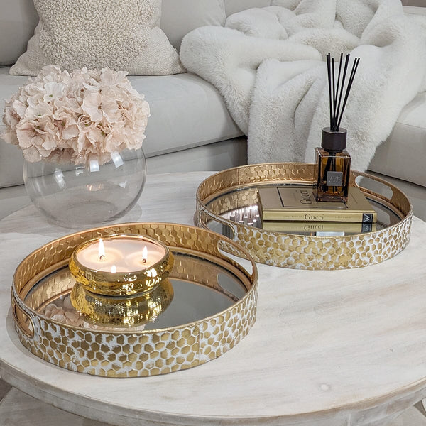 Jovie Round Mirrored & Gold Distressed Trays - Set of 2 Accessories 