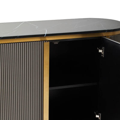 Junia Grey & Gold Ribbed 2 Door Sideboard with Black Marble Top Furniture 