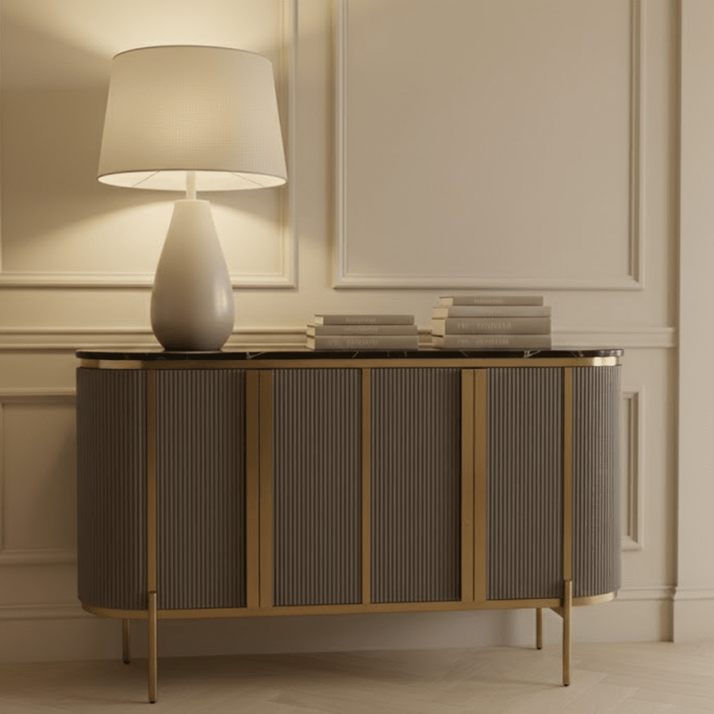 Junia Grey & Gold Ribbed 4 Door Sideboard with Black Marble Top Furniture 
