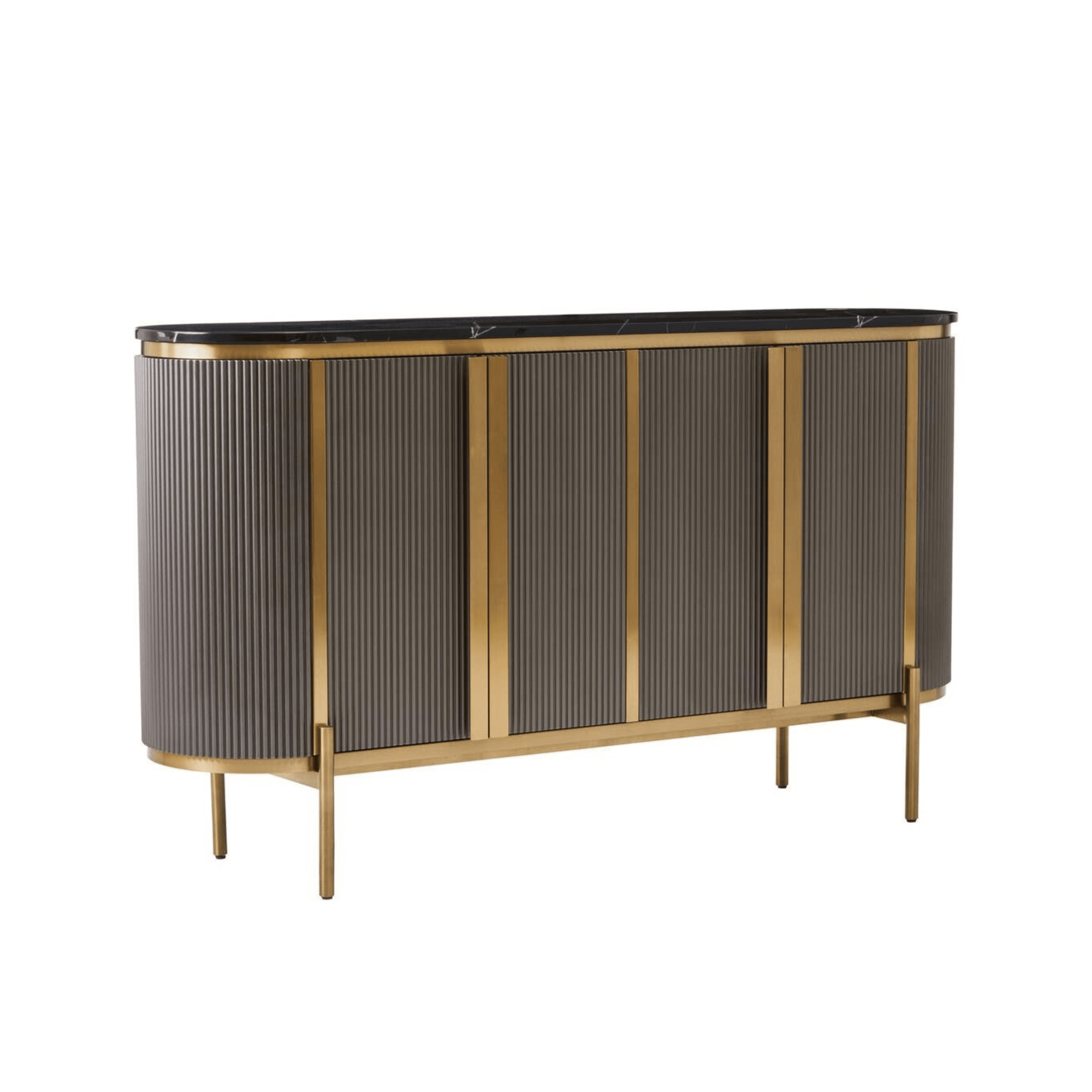 Junia Grey & Gold Ribbed 4 Door Sideboard with Black Marble Top Furniture 
