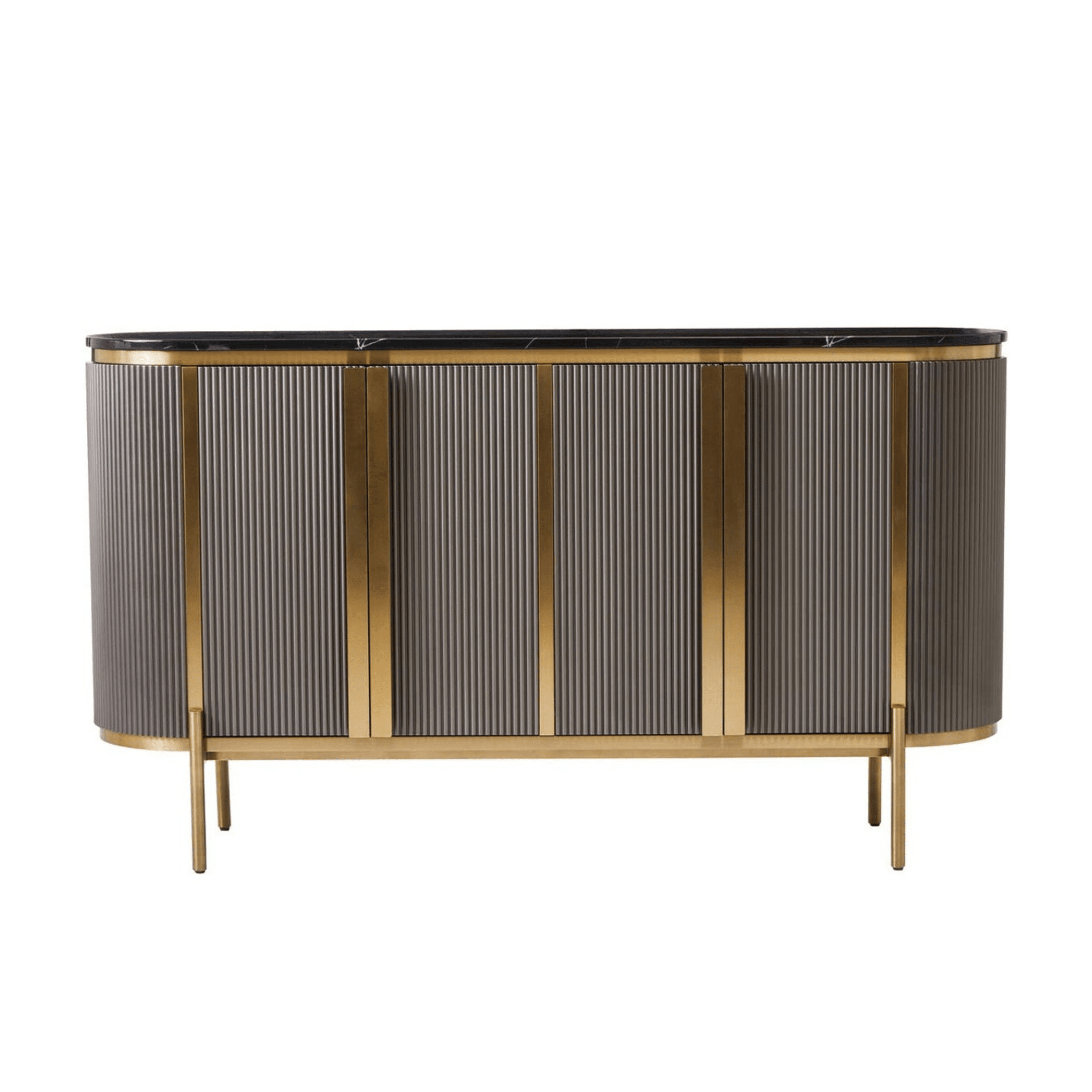 Junia Grey & Gold Ribbed 4 Door Sideboard with Black Marble Top Furniture 