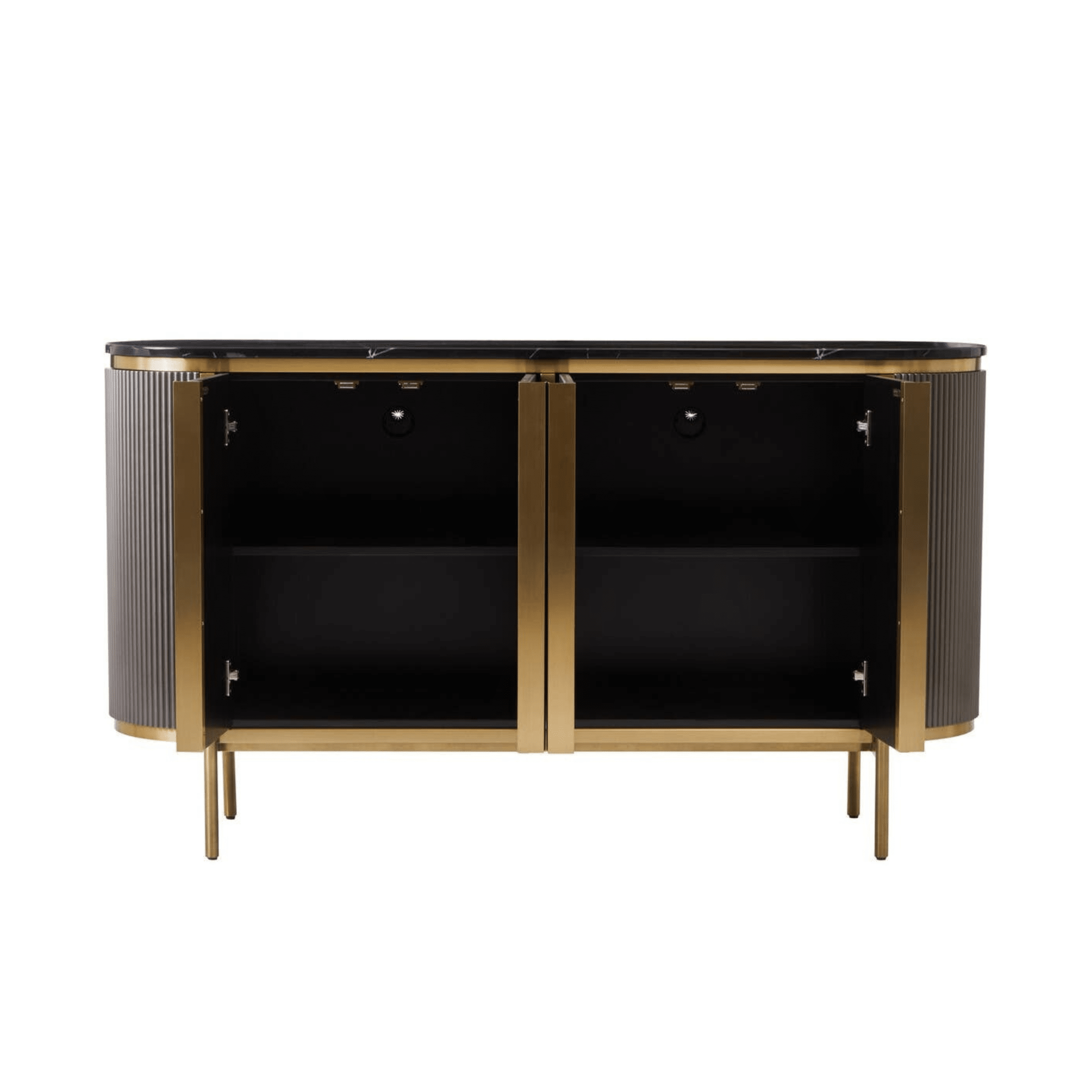 Junia Grey & Gold Ribbed 4 Door Sideboard with Black Marble Top Furniture 