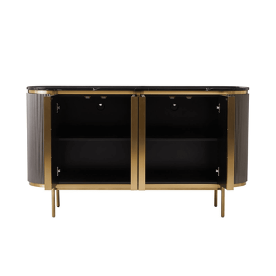 Junia Grey & Gold Ribbed 4 Door Sideboard with Black Marble Top Furniture 