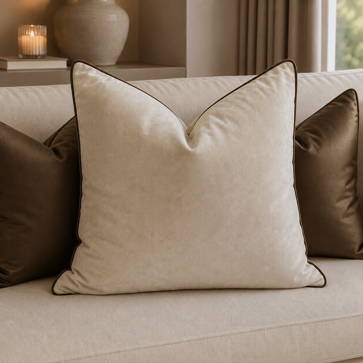 Juniper Cream & Chocolate Velvet Feather Filled Cushion - 45x45cm Textiles 