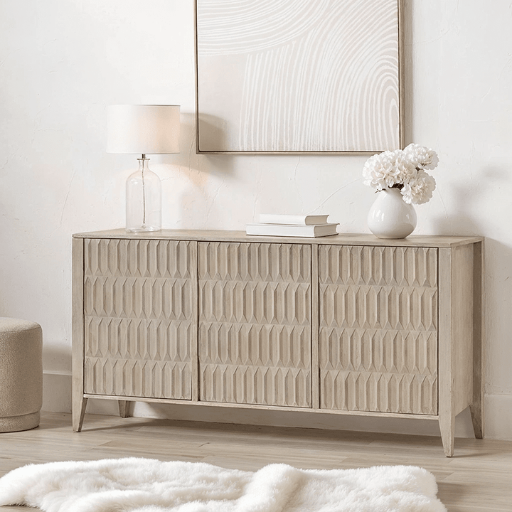 Kamala Light Grey Mango Wood 3 Door Sideboard Furniture 