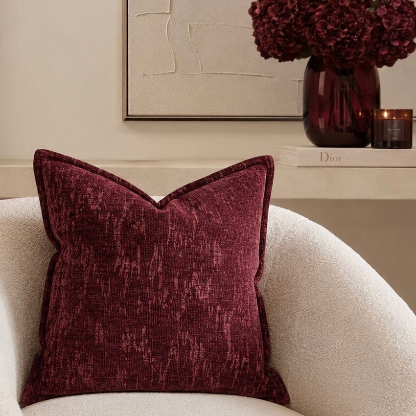 Katy Burgundy Chenille Patterned Feather Filled Cushion - 45x45cm Textiles 
