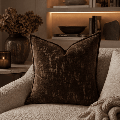 Katy Chocolate Brown Chenille Patterned Feather Filled Cushion - 45x45cm Textiles 