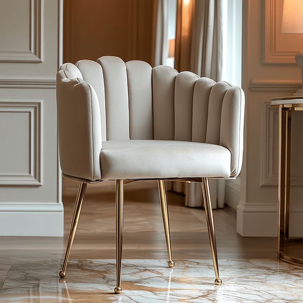Kelcie Beige Velvet Scalloped Dining Chair with Gold Legs Furniture 