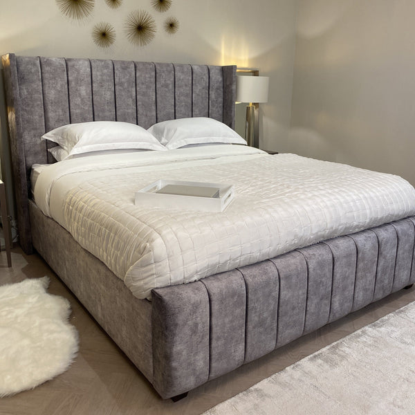 Kendal Grey Marble Velvet Winged Bed - King Beds and Headboards 