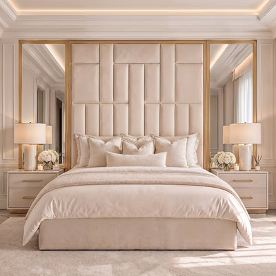 Kensington Cream & Gold Premium Abstract Headboard with Natural Mirrored Wings Beds and Headboards 