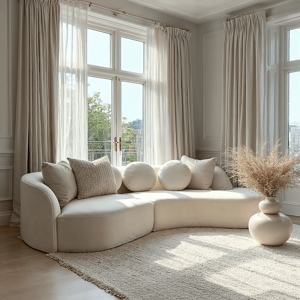 Keyen Cream Linen 3 seater Curved Sofa Sofa 