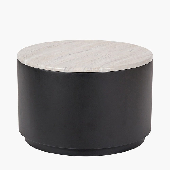 Keziah Black Round Storage Coffee Table with Faux White Marble Top Furniture 