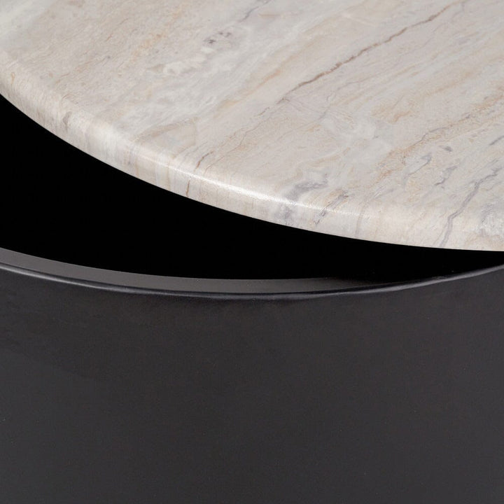Keziah Black Round Storage Coffee Table with Faux White Marble Top Furniture 