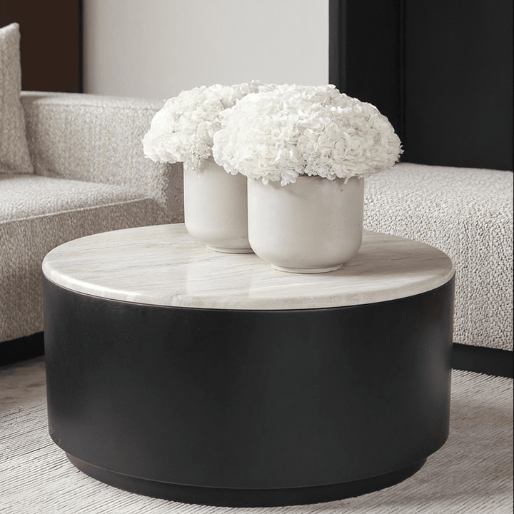 Keziah Black Round Storage Coffee Table with Faux White Marble Top Furniture 