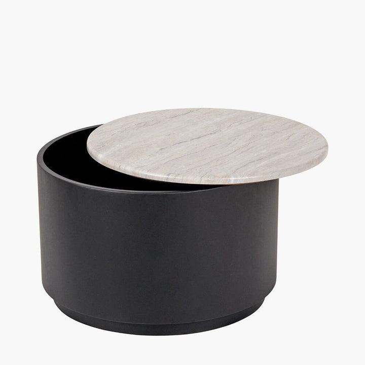 Keziah Black Round Storage Coffee Table with Faux White Marble Top Furniture 
