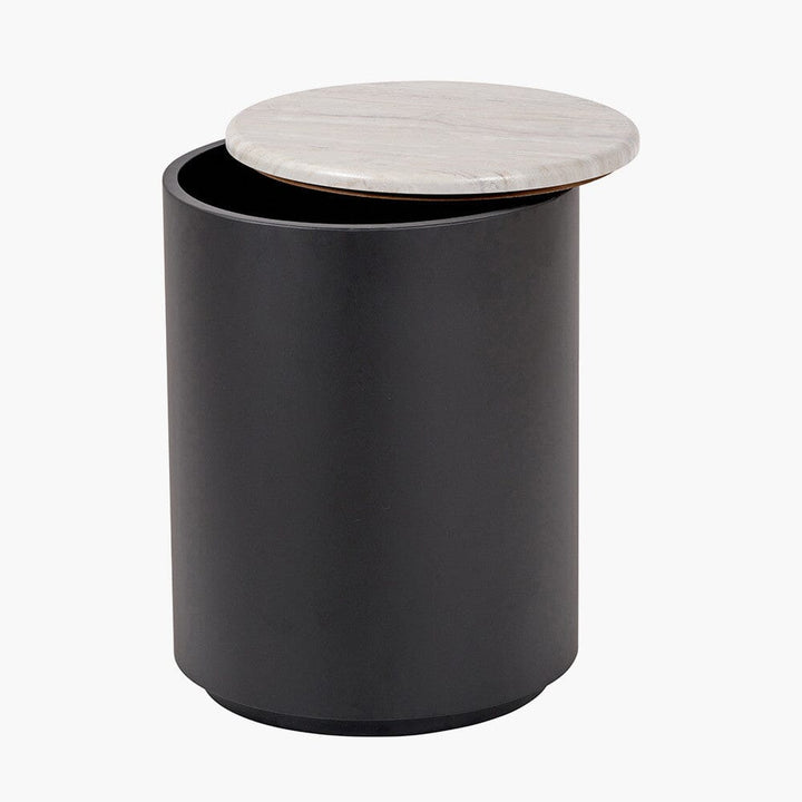 Keziah Black Round Storage Side Table with Faux White Marble Top Furniture 
