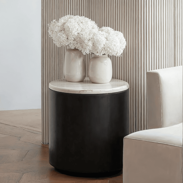 Keziah Black Round Storage Side Table with Faux White Marble Top Furniture 