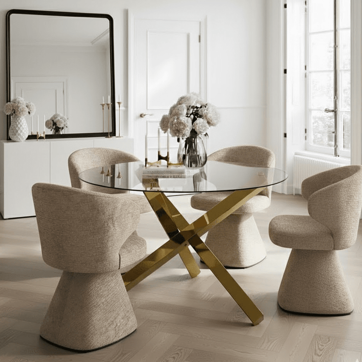 Kimberly Gold & Glass Cross Base Round Dining Table Furniture 