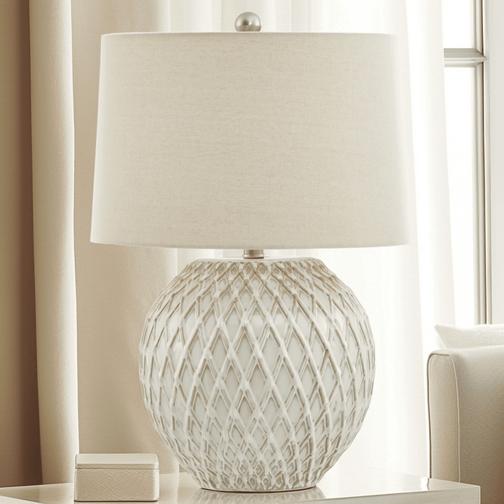 Lacy Lattice Ceramic Table Lamp with Linen Shade Lighting 