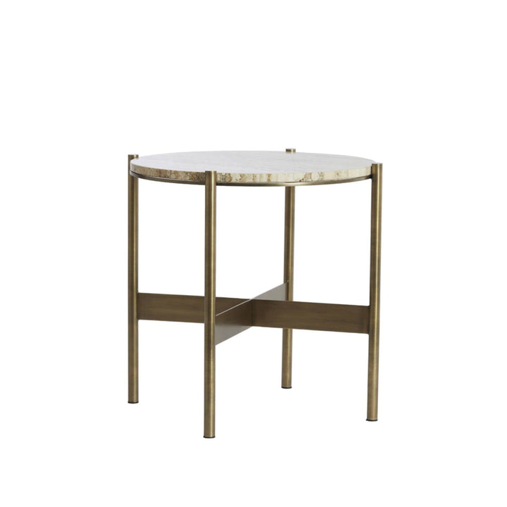Landis Antique Bronze Round Side Table with Cream Travertine Top Furniture 