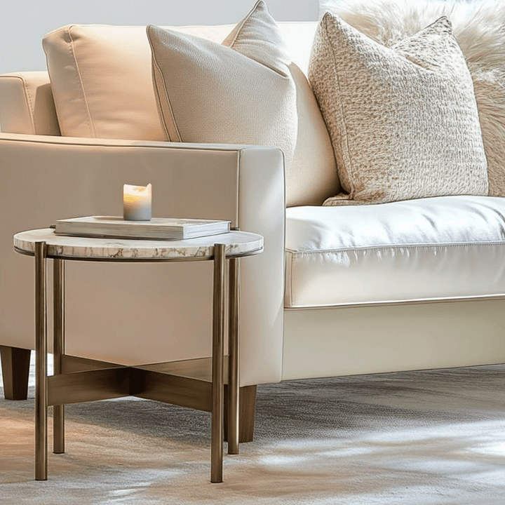 Landis Antique Bronze Round Side Table with Cream Travertine Top Furniture 