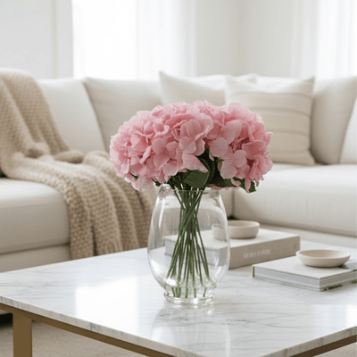Large Faux Dusky Pink Hydrangeas Floral Arrangement in Fishbowl Vase Accessories 