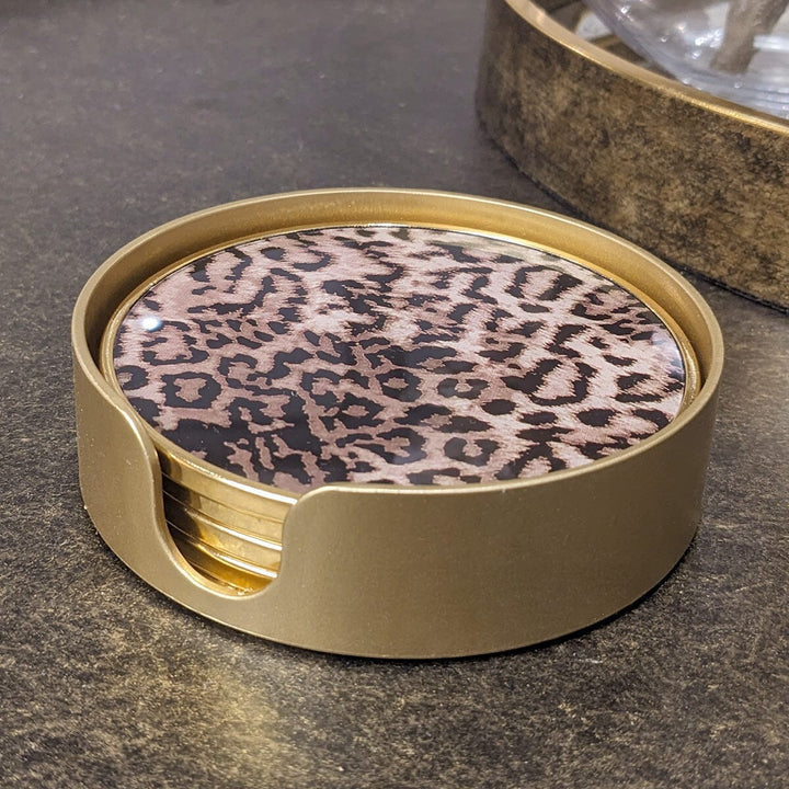 Leopard Print Coasters with Gold Holder - Set of 4 Accessories 