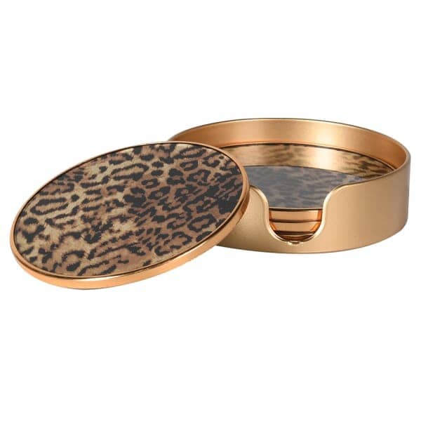 Leopard Print Coasters with Gold Holder - Set of 4 Accessories 